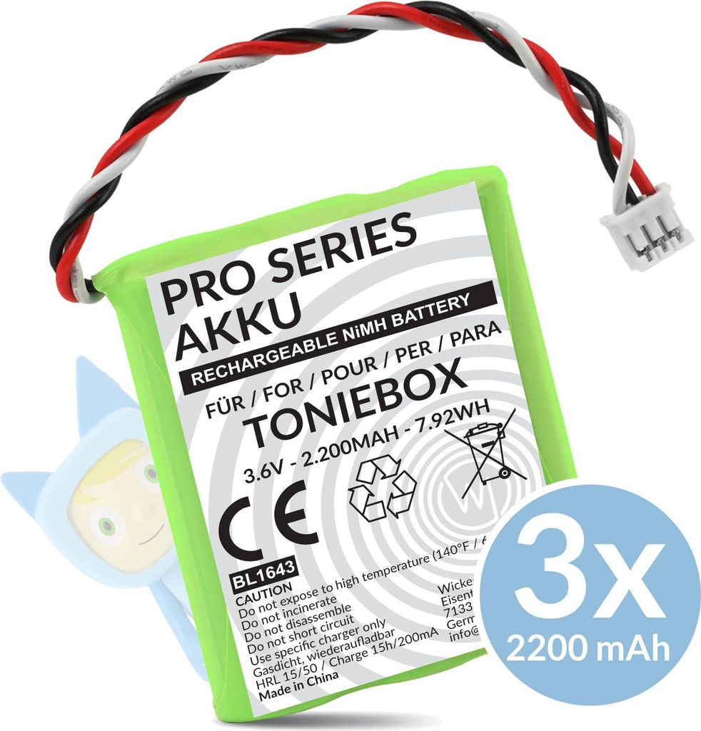 Wicked Chili Ersatzakku 3x Akku für Toniebox, 50AA5S Pro Series Ersatz-Akku Batterie für original Tonies (inkl. Moosgummi Klebepad, 2.200 mAh NiM...