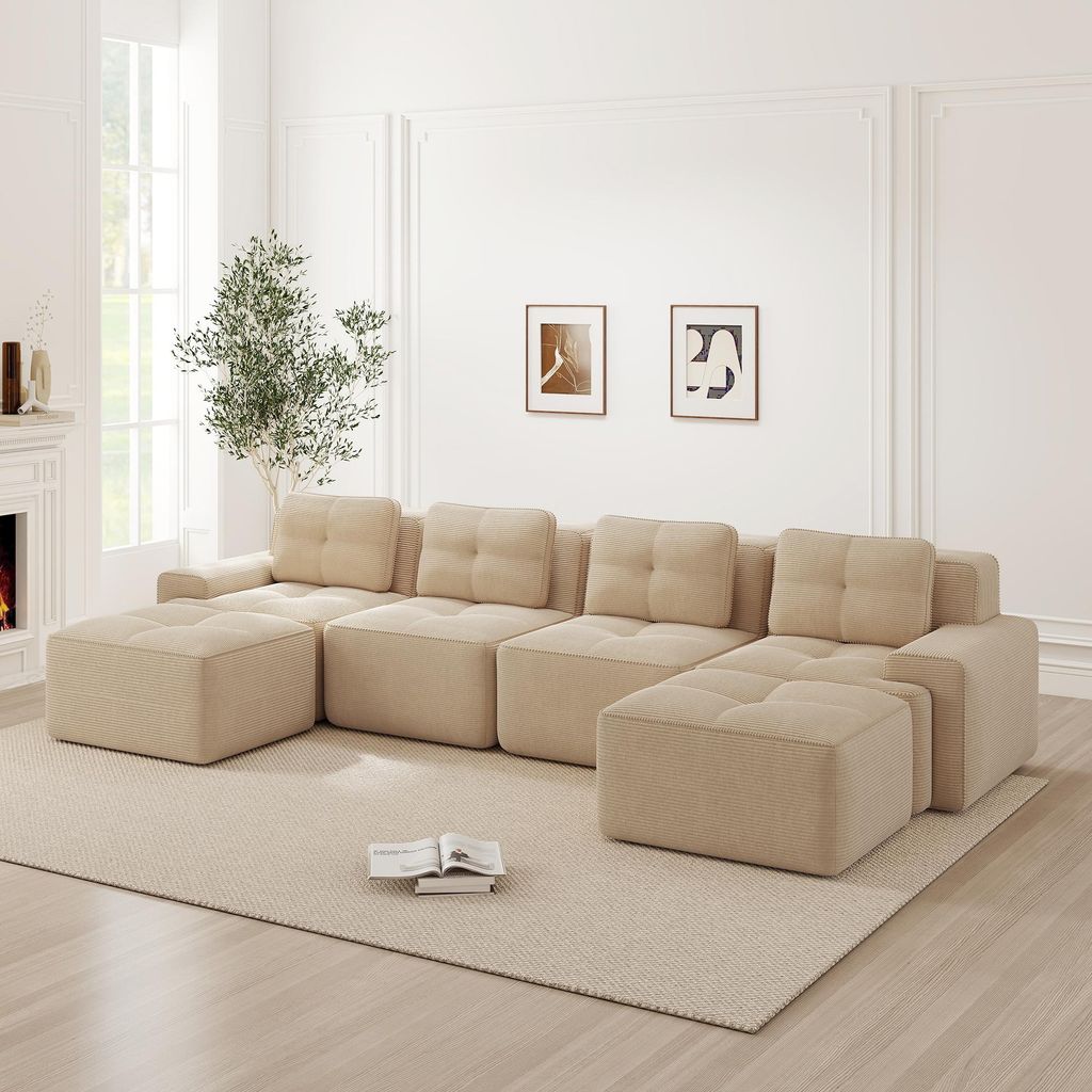 Boneless Sofas für Wohnzimmer, Modulares Sofa mit U-förmiger Chaiselongue, 4-Sitzer Bequem Polstertes Tiefsitz 80% Corduroy-Cloud-Sofa, Montagefr...