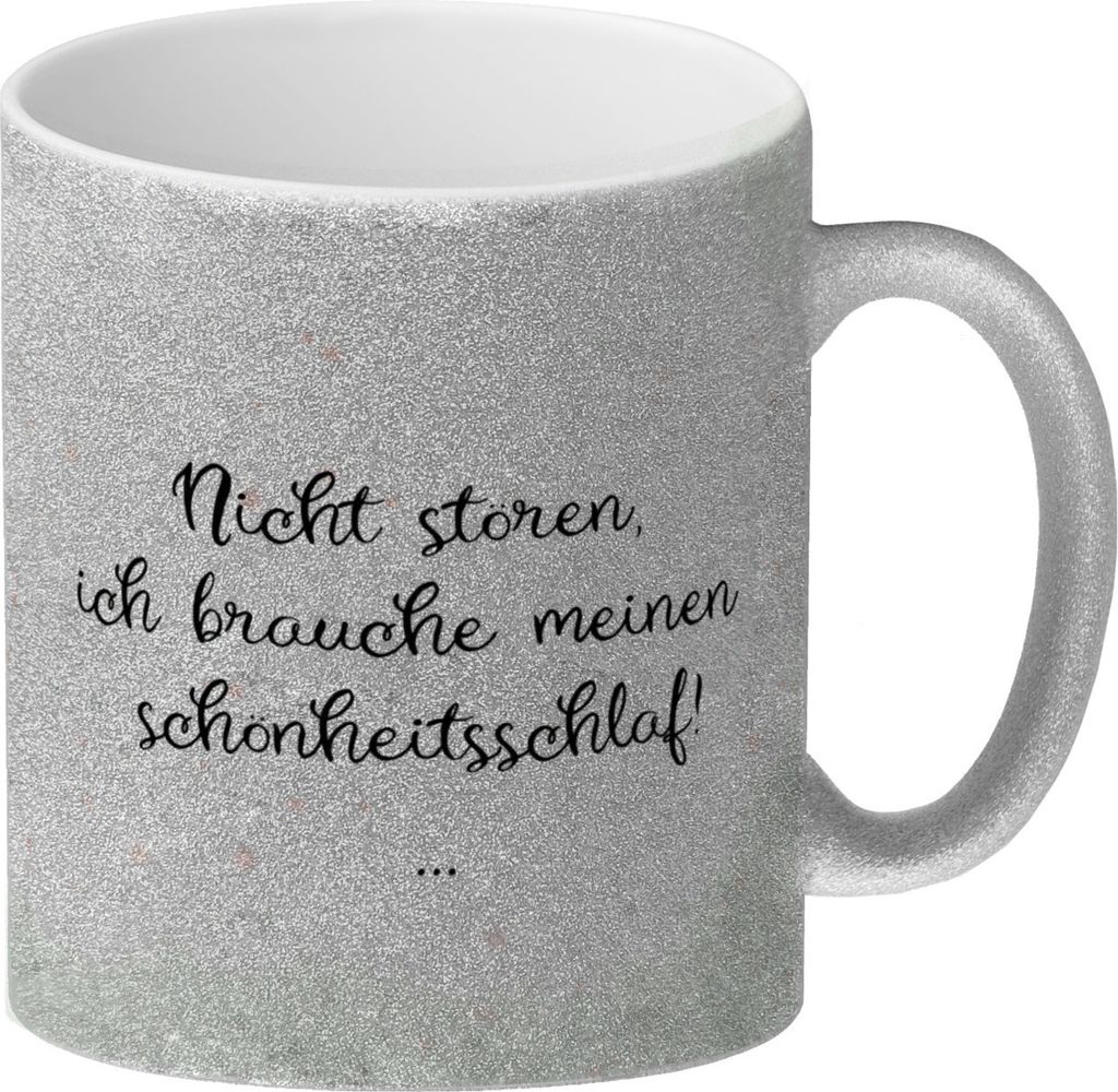 Glitzer-Kaffeebecher in pastellfarben mit schlafender Katze und witzigem Spruch