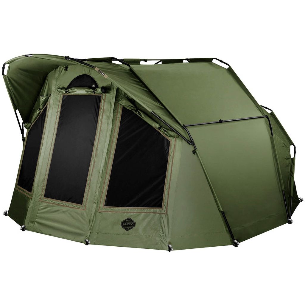 A green camping tent is shown against a white background.