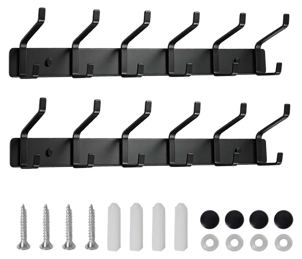 Patère Murale Moderne en Aluminium Noir avec 6 Crochets pour Entrée - 45 cm
