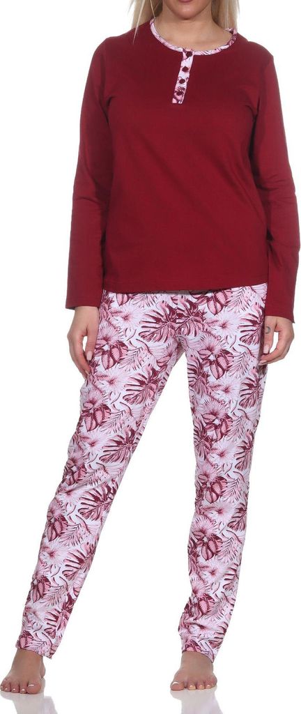 Wunderbarer Damen Pyjama Schlafanzug mit Hose in floralem Print - auch in Übergrössen ; rot , 60