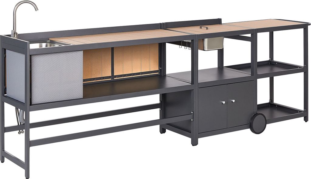 BELIANI Outdoor-Küche Schwarz Stahl 3er Set mit Spüle Edelstahlplatte Modern für Garten Draußen Ausstattung Outdoor-Küchenmöbel Gartenküche