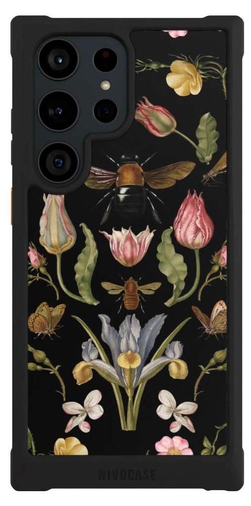 NIVOCASE Hülle für Samsung Galaxy S23 Ultra Stoßfeste Handyhülle NIVOmax Case Schwarz Biene Blumenkranz Blüte