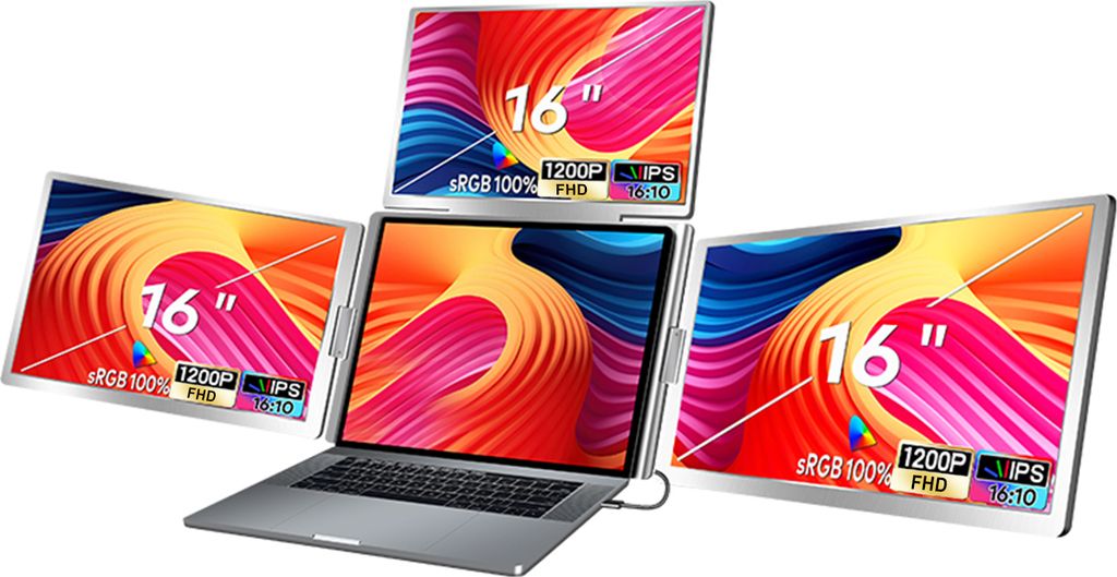 16-Zoll-Laptop-Bildschirm-Extender, 1200P FHD 16:10, tragbarer Quad-Monitor, 1 Kabel fuer 3 Bildschirme, klappbarer Monitor-Extender fuer 12-18,5-Z...