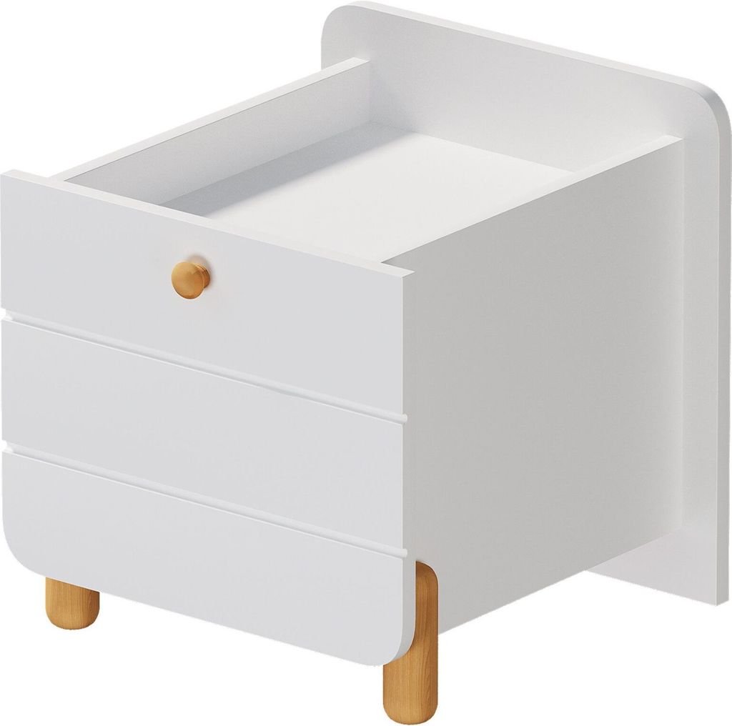 Nachttisch mit 1 Schublade holzfarbene Fuesse Kinderzimmer Schrank Lagerschrank Modern Beistellschrank Schlafzimmerschrank Wohnzimmerschrank Weiss