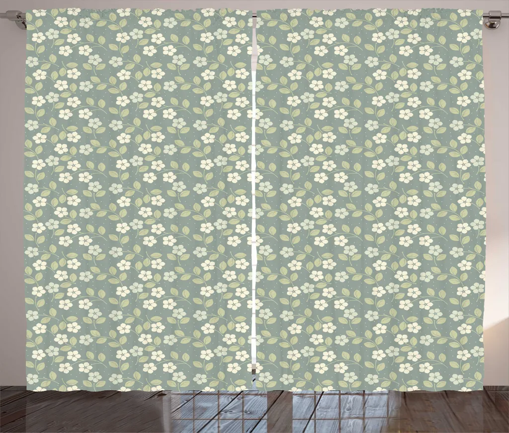 Rideau Jardin Rustique Pastel Gris et Vert Clair avec Fixations 280cm