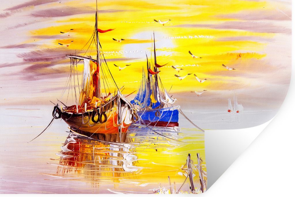 MuchoWow Wandtattoo Wandsticker Wandaufkleber Malerei - Boot - Wasser - Ölfarbe 120x80 cm Selbstklebend und Repositionierbar - Selbstklebend - F...