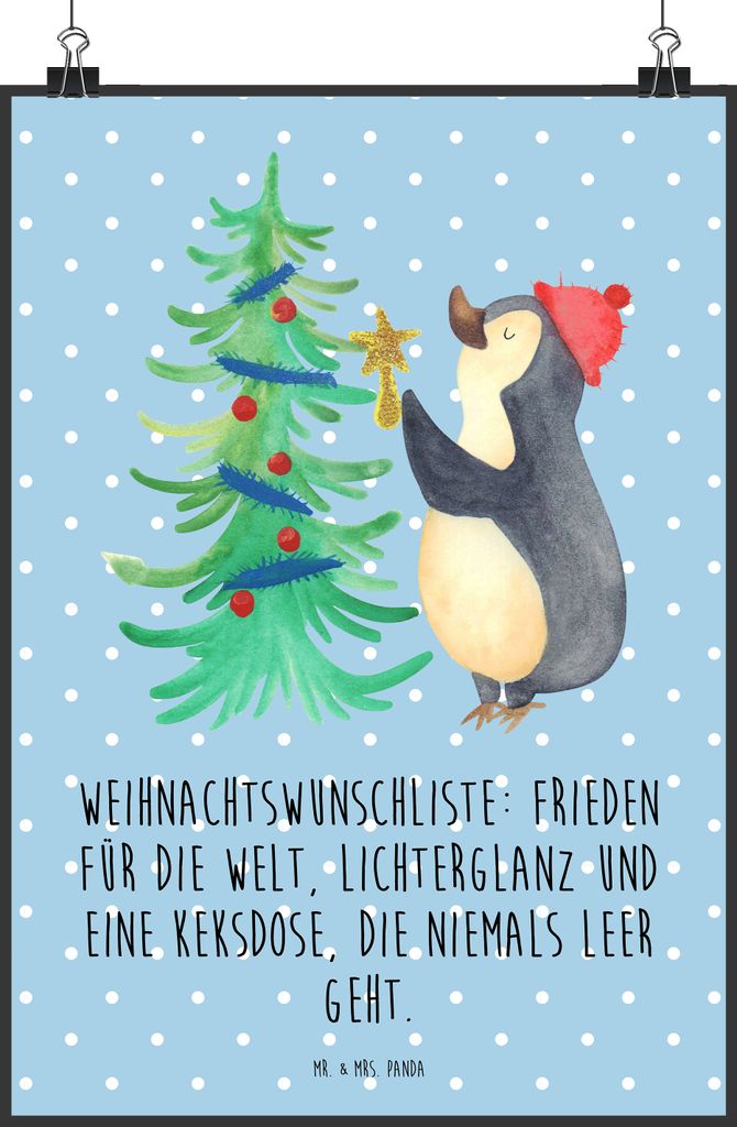 Mr. & Mrs. Panda Bild Pinguin Weihnachtsbaum DIN A2 - Blau Pastell - Geschenk, Kunstdruck, drucke, Wandbild, Winter, Plakat, Weihnachten, wanddeko