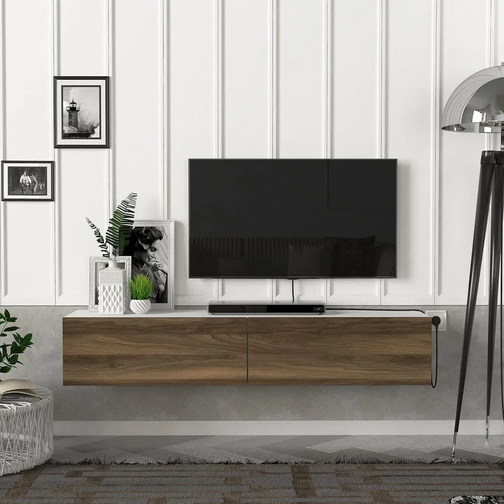 Support TV suspendu gain de place Toivakka 135cm blanc et noyer moderne