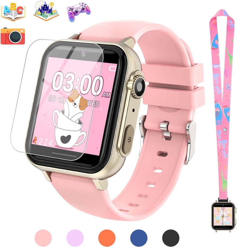A pink smartwatch for children with a screen protector and a pink lanyard with cartoon characters.