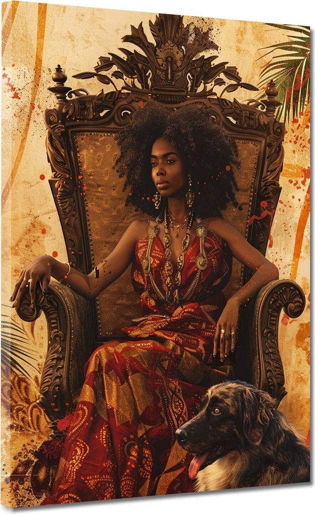 Afrikanische Frau im Thron mit Hund modern Leinwandbild Wandbild XL Wanddeko: 75x100x2cm