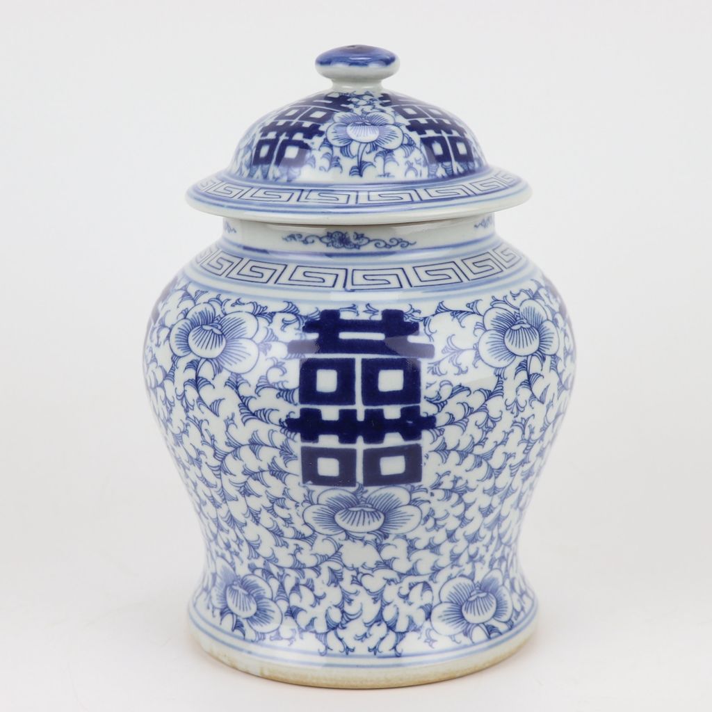 Fine Asianliving Chinesische Vase mit Deckel Blau Weiß Porzellan Doppeltes Glück D23xH32cm Dekorative Vase Blumenvase Orientalische Keramik Vase ...