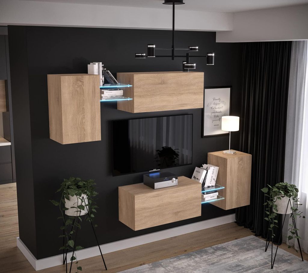 Furnitech Wohnwand Wohnzimmer - Wohnzimmer Möbel mit LED Weiß - Hängend Wohnwand Modern - Regale und TV Schrank (AN97-21S-M5 1A)