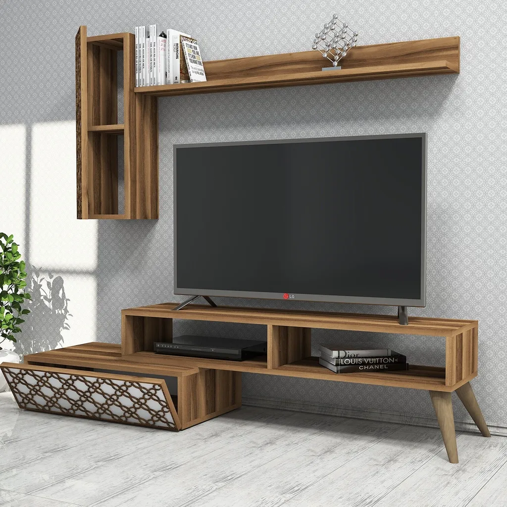 Meuble TV Planet 150 cm : Fini le Désordre, Style Noyer et Blanc Chic