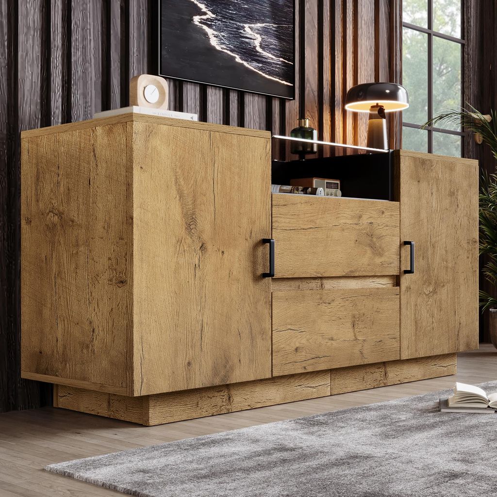 Merax Kommode Eichenoptik mit 2 Schubladen + 2 Schränke, Sideboard mit höhenverstellbaren Einlegeböden, ESG-Glas & schwarze Griffe, H70/B140/T40 cm