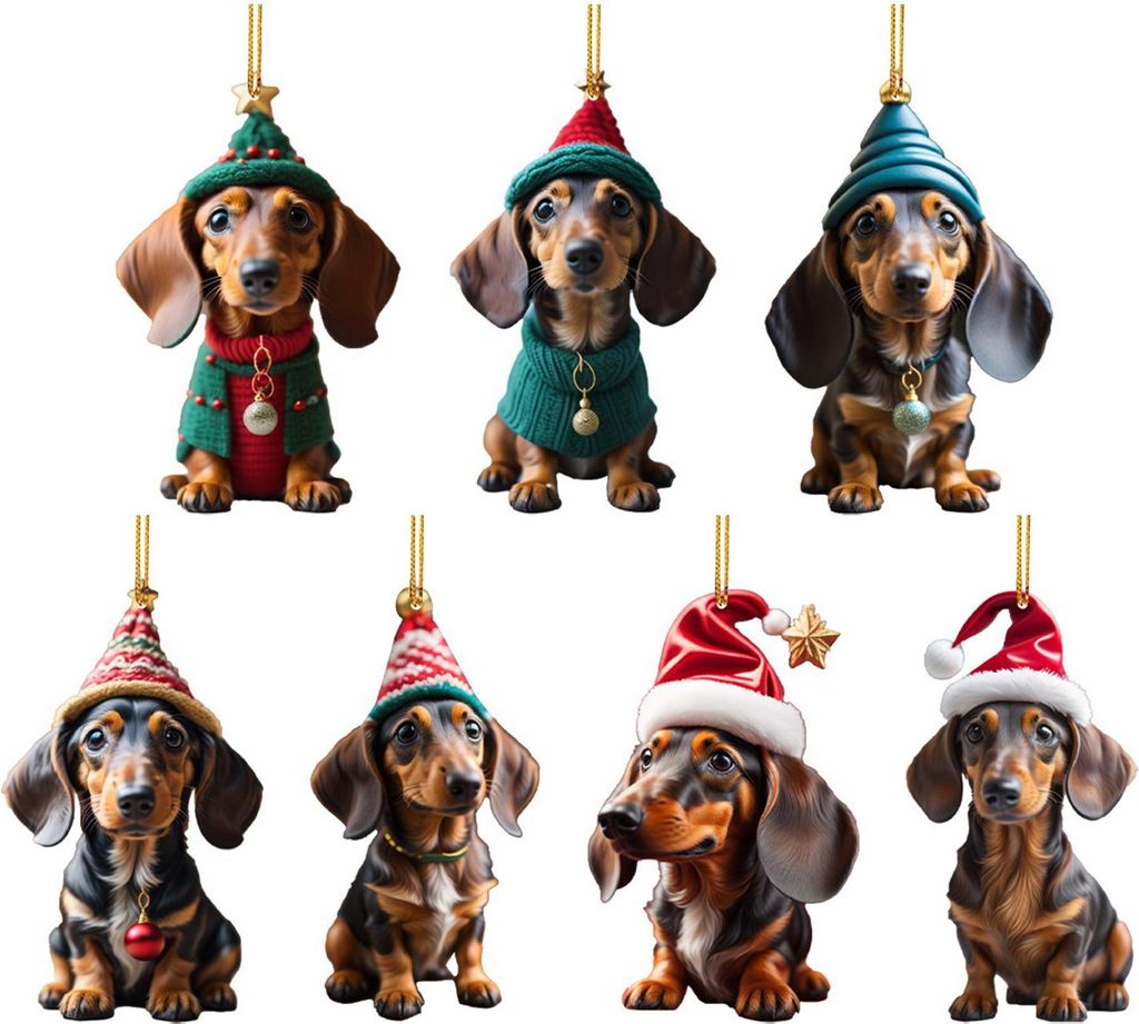 1/7 Stück Weihnachts-Acryl-Dackel-Hängedekoration für Auto-Rückspiegel, Weihnachtsbaum, 2D flacher Weihnachtsmannhut-Hunde-Hängeornament, Weih...