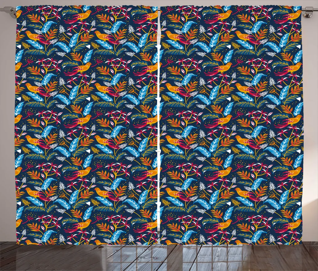 Rideau Rustique Bleu et Multicolore Thème Forêt 280x225 cm avec Crochets