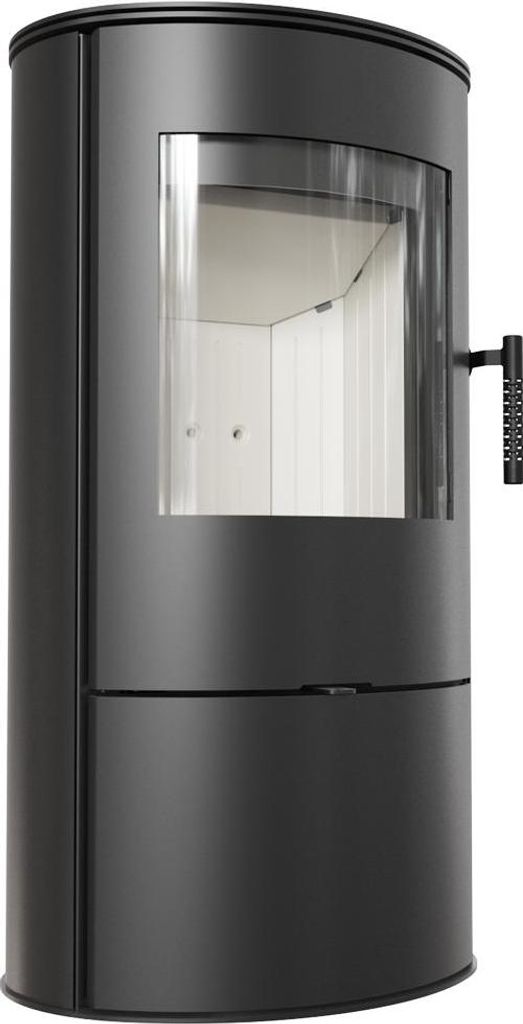 A black steel wood-burning stove shown from a three-quarter angle against a white background.