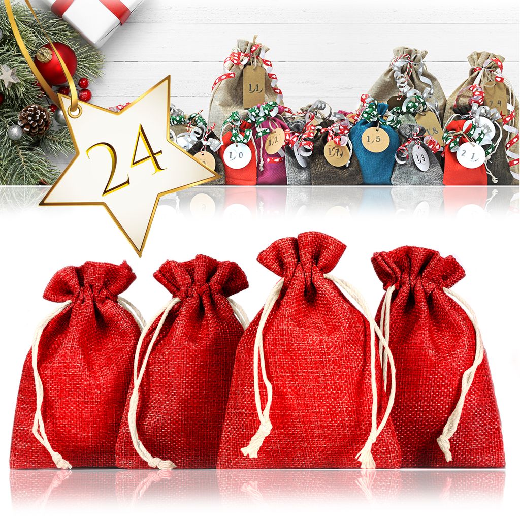 Jutesäckchen | Jute-beutel | Jute-Sack 24er Set für Adventskalender mit Geschenk-Verpackung, 13cm x 9,5cm, Jutebeutel, Stoffbeutel, Natur Säckch...