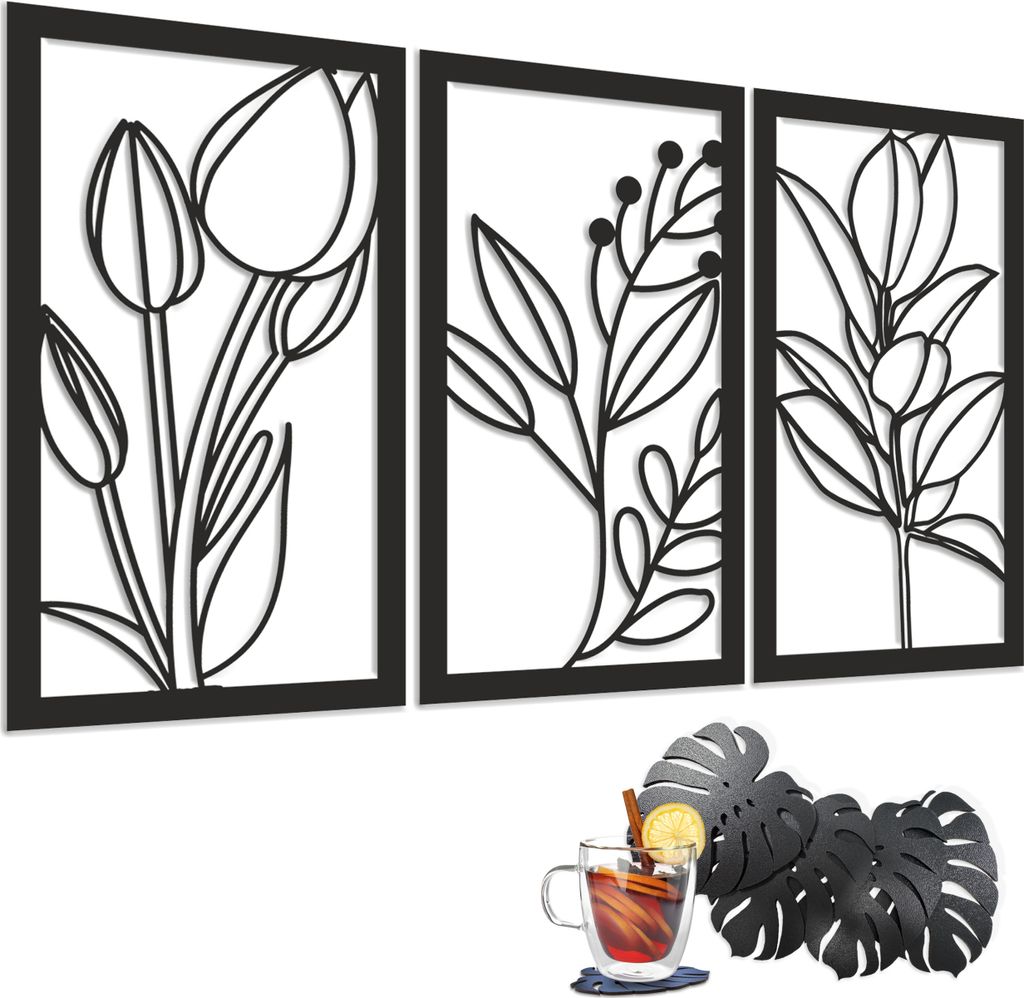 Schwarzes Holz-Wandpanel - 3D-Dekorbild, filigraner Wandschmuck, Blume Tulpe, Pflanzen, 56x96 cm