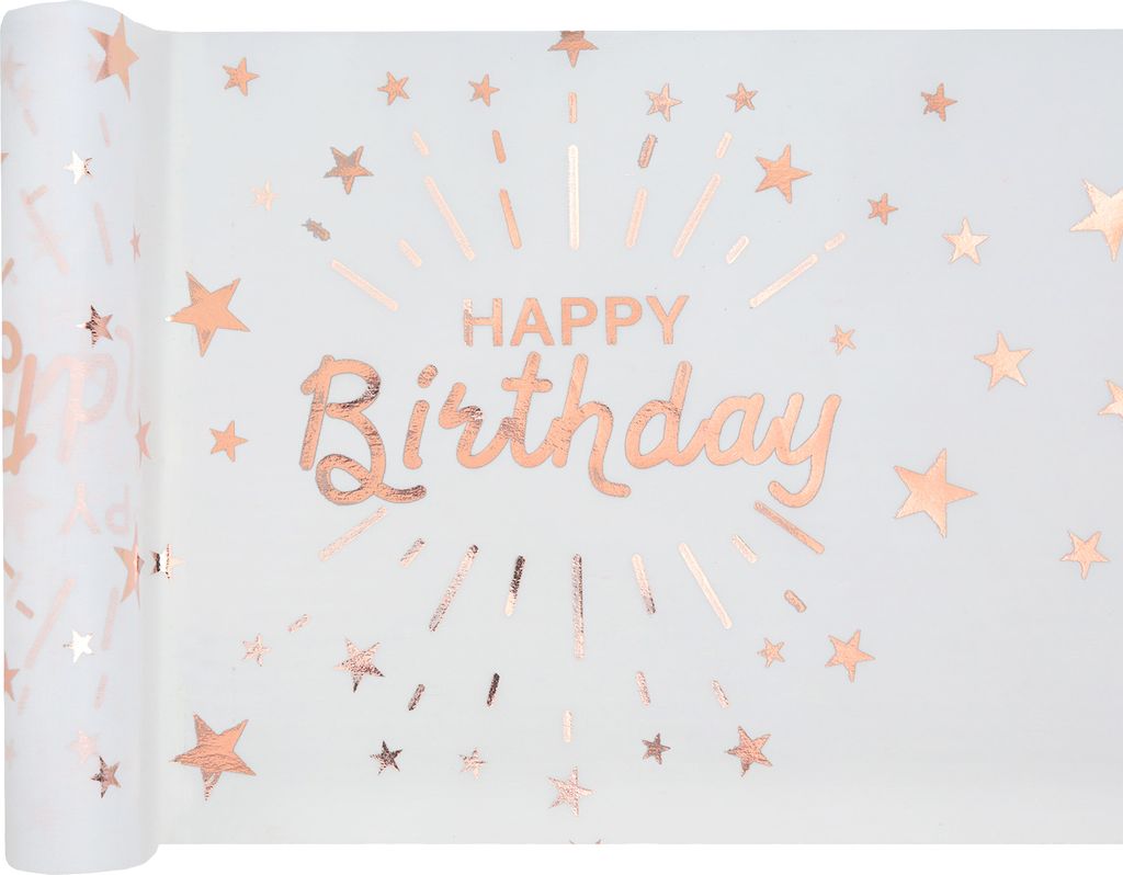 Tischläufer Happy Birthday Weiß Rosegold Vlies 5 m x 30 cm