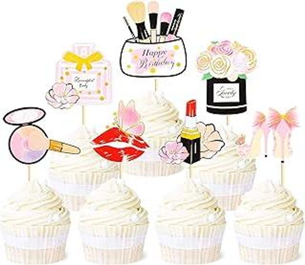 28 Stück Kosmetik Cupcake Dekorationen, Kosmetik, Lippenstift, Wimpern Kuchen Dekorationen Picks Make-upThema Mädchen Geburtstag Party Dekoration...