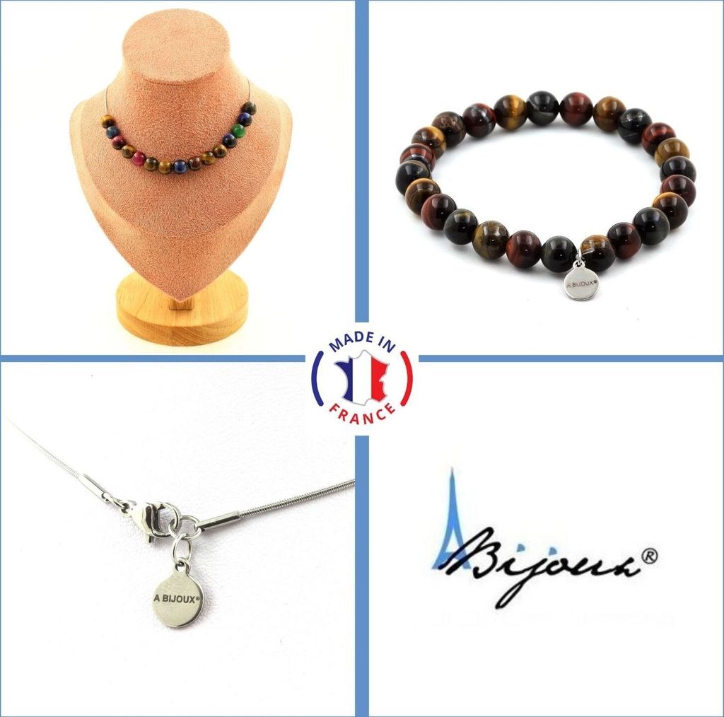 Schmuckset Armband Halskette 15 mehrfarbige Tigerauge-Perlen 8 mm Edelstahlkette
