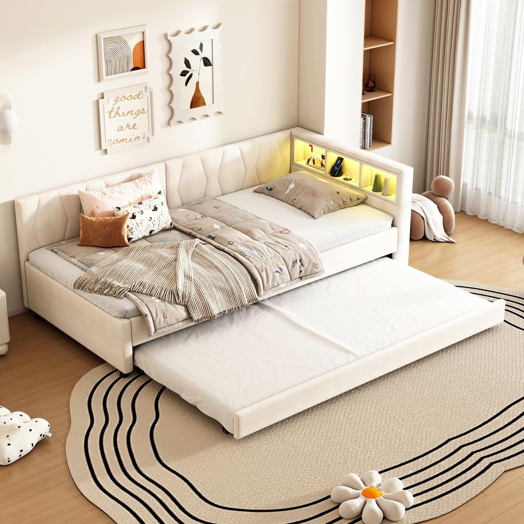 MODFU Schlafsofas 90×200 Tagesbett ohne Matratze mit Lattenrost und Ablagefach,ausziehbarem Bett mit USB+Typ C,LED-Umgebungslicht,Beige