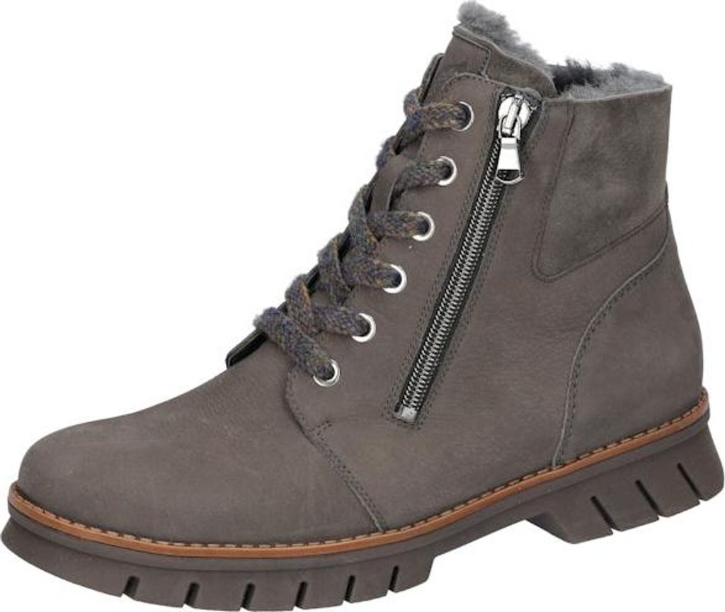 A single gray winter boot for men is shown against a white background.