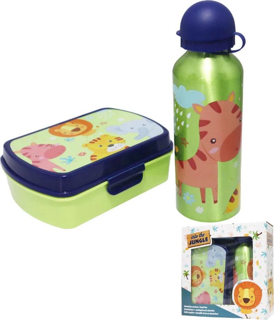 Jungle Friends 2 tlg Kinder Lunch Set Brotdose Alu Trinkflasche 500 ml Geschenk