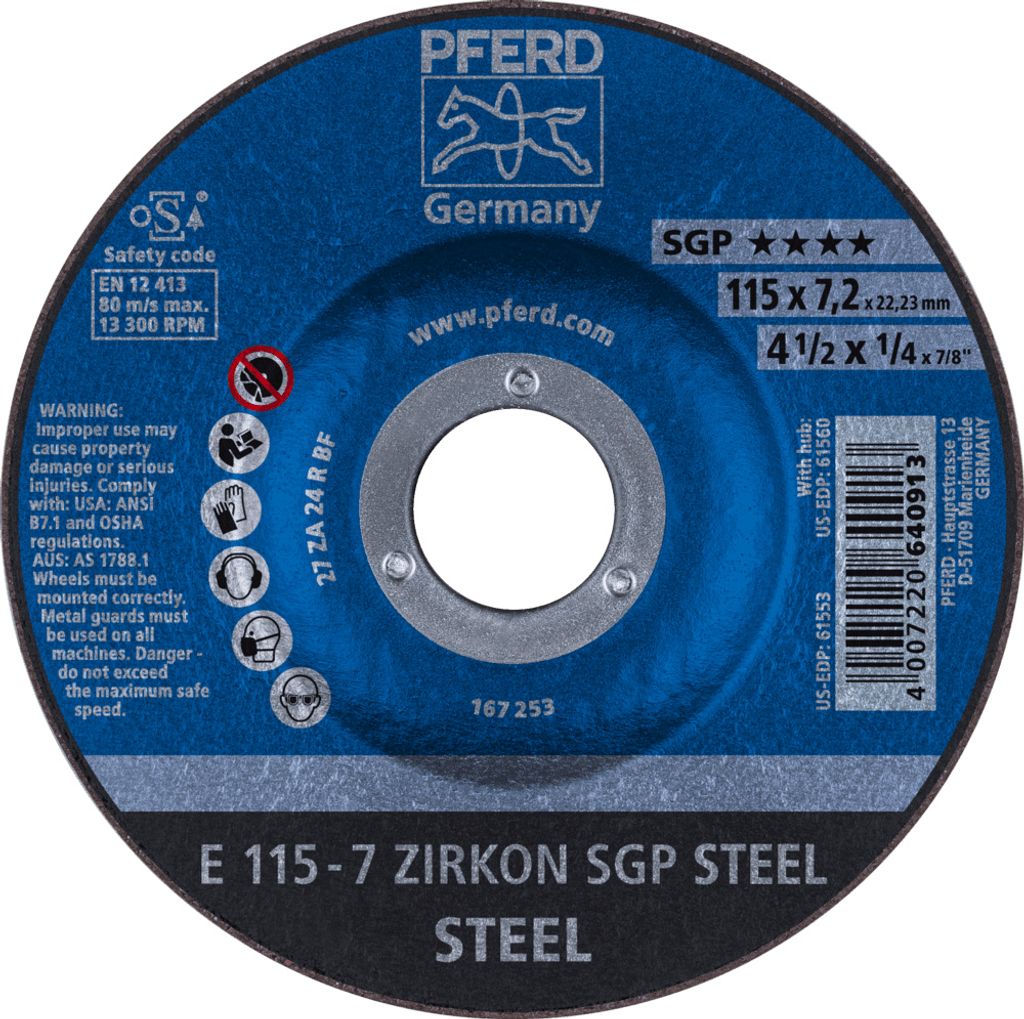 PFERD TOOLS Schruppscheibe E 115x7,2x22,23 mm ZIRKON Speziallinie SGP STEEL für Stahl