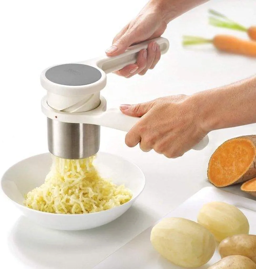 Ustensile écrase-purée manuel inox blanc et gris pour la cuisine