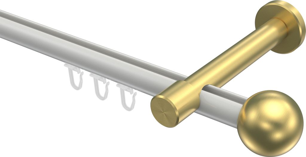 Interdeco Innenlaufstange / Gardinenstange mit Innenlauf Weiß / Messing-Optik, Typ Prestige Luino (Kugel), 20 mm Ø 1-läufig, 180 cm