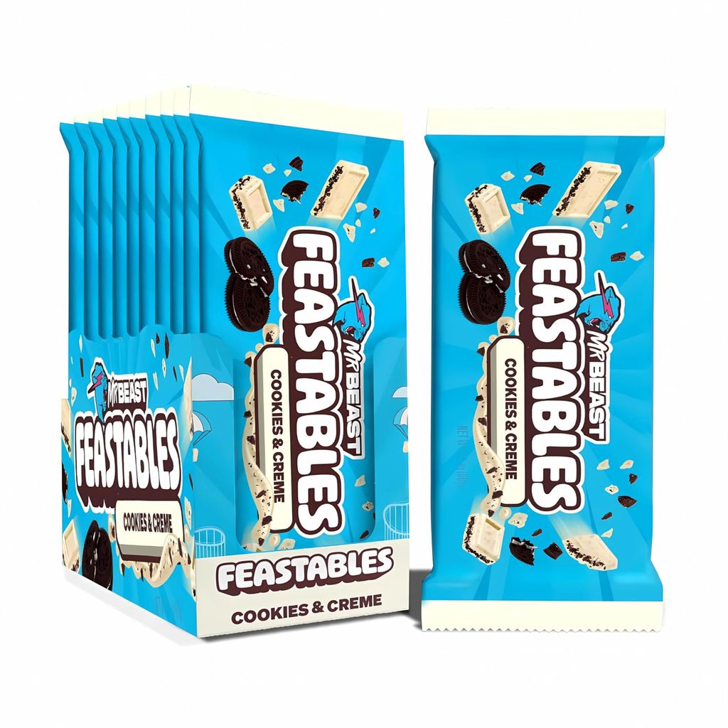 Feastables MrBeast Cookies & Creme – Weiße Schokolade mit Produktbild 