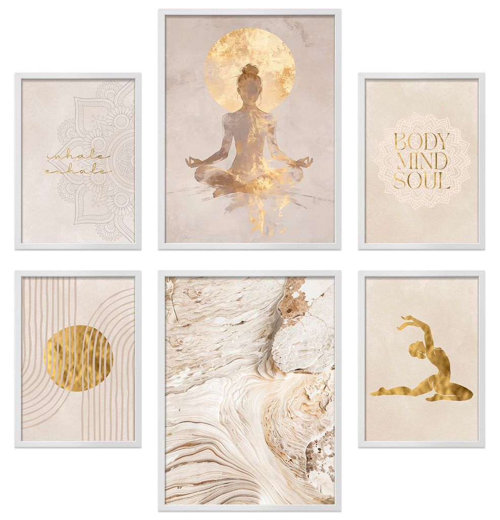 ARTFAVES Poster Set - Yoga Spirit I mehrteilige Bilderwand für Wohnzimmer, Schlafzimmer I Wandbilder Spirituell I mit Rahmen Weiss