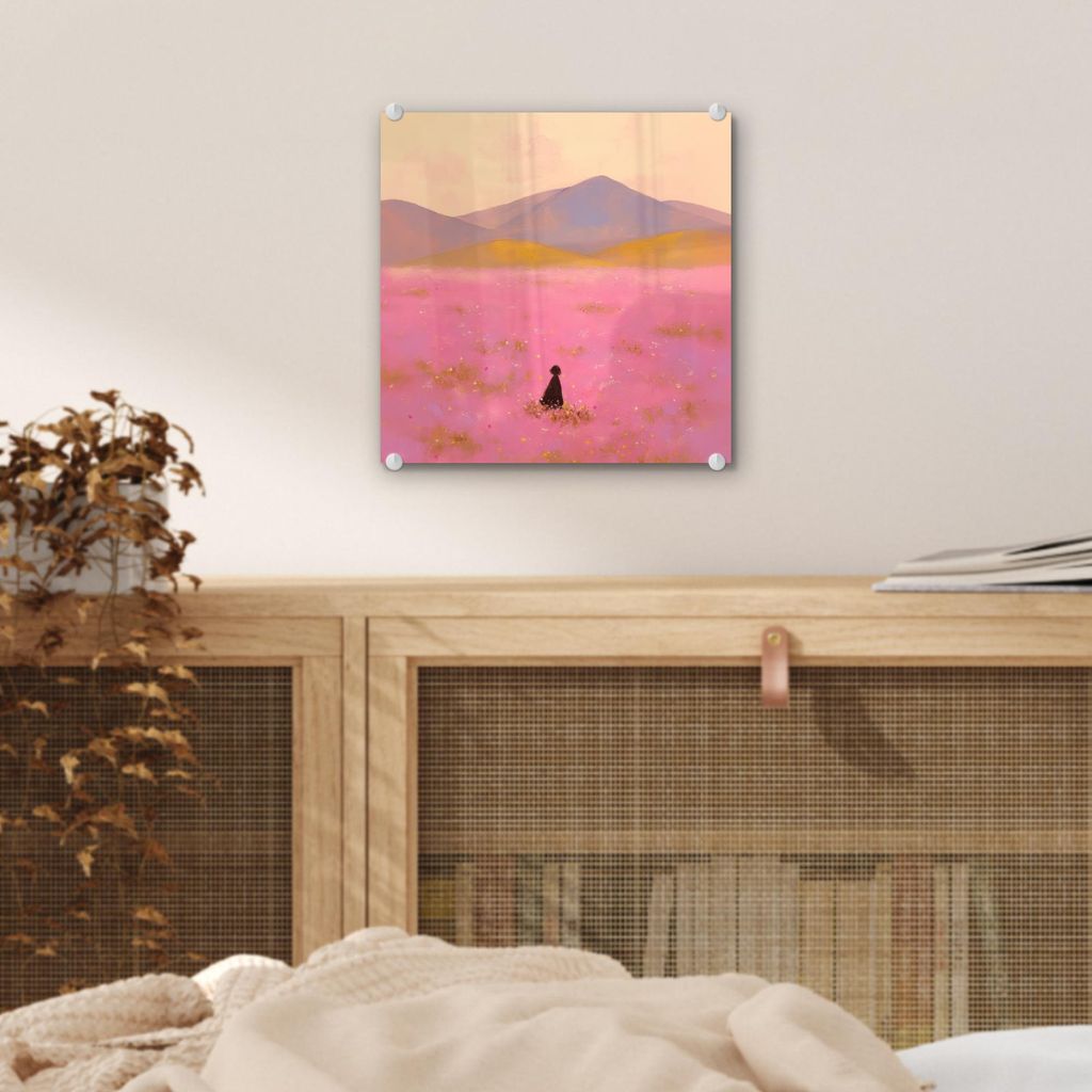 MuchoWow Glasbilder - Bilder auf Wandbild - Foto auf Glas Blumenwiese - Hügel - Scherenschnitt - Rosa 40x40 cm Wanddekoration aus Glas - Acrylglas...