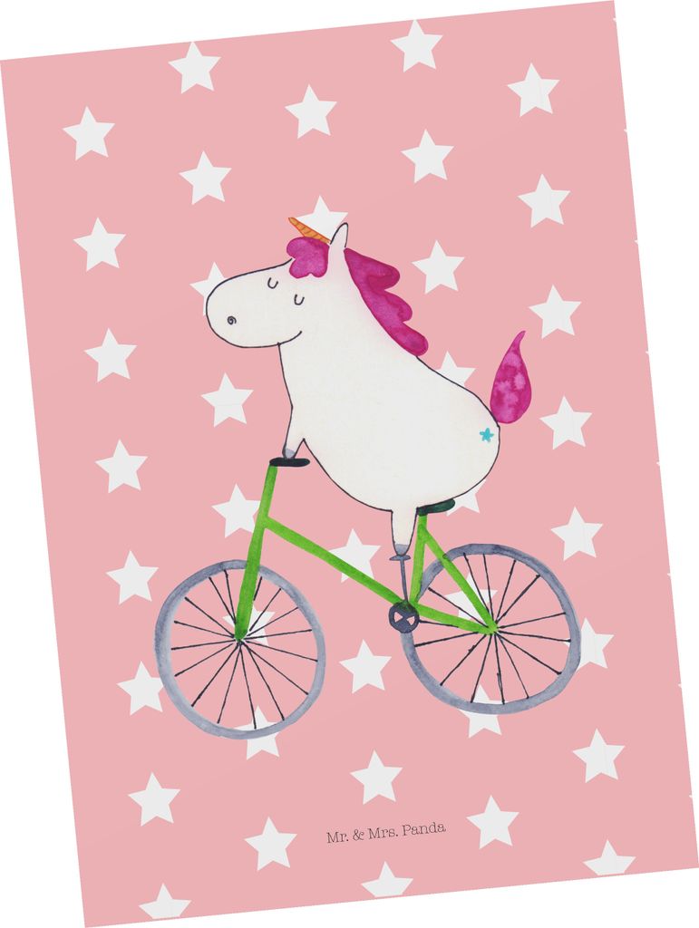 Mr. & Mrs. Panda Grußkarte Einhorn Radfahrer - Rot Pastell - Geschenk, Unicorn, Einhörner, bildkarte, Postkarte, Ansichtskarten, Postkarten, Ansi...