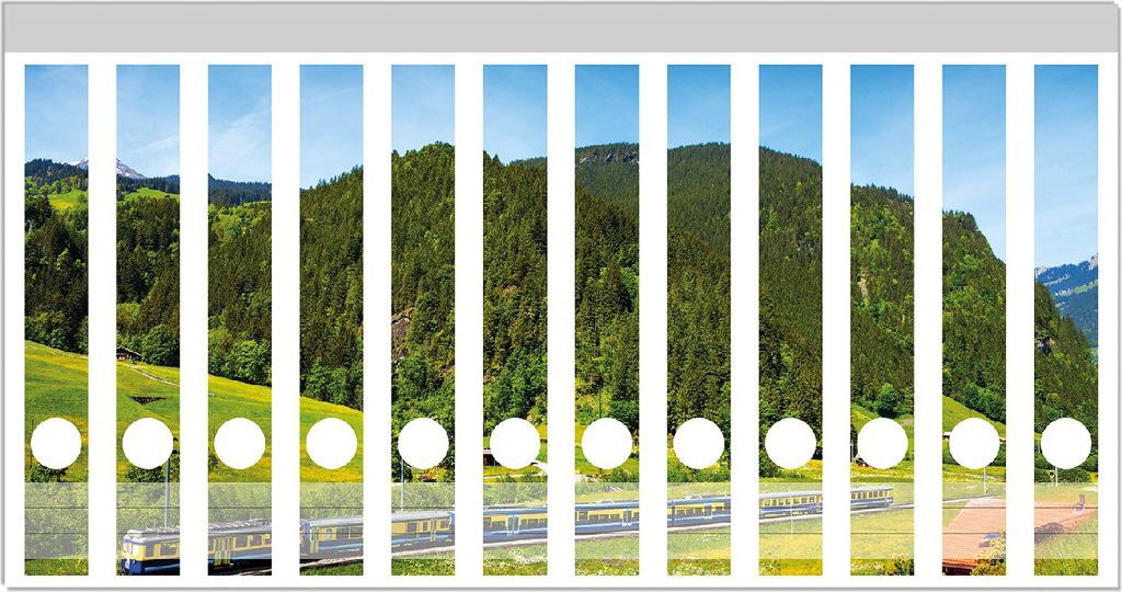 Wallario Ordnerrücken Sticker, selbstklebend für schmale Ordner, 12 Stück, Motiv Eisenbahn in einer Sommerlandschaft in der Schweiz