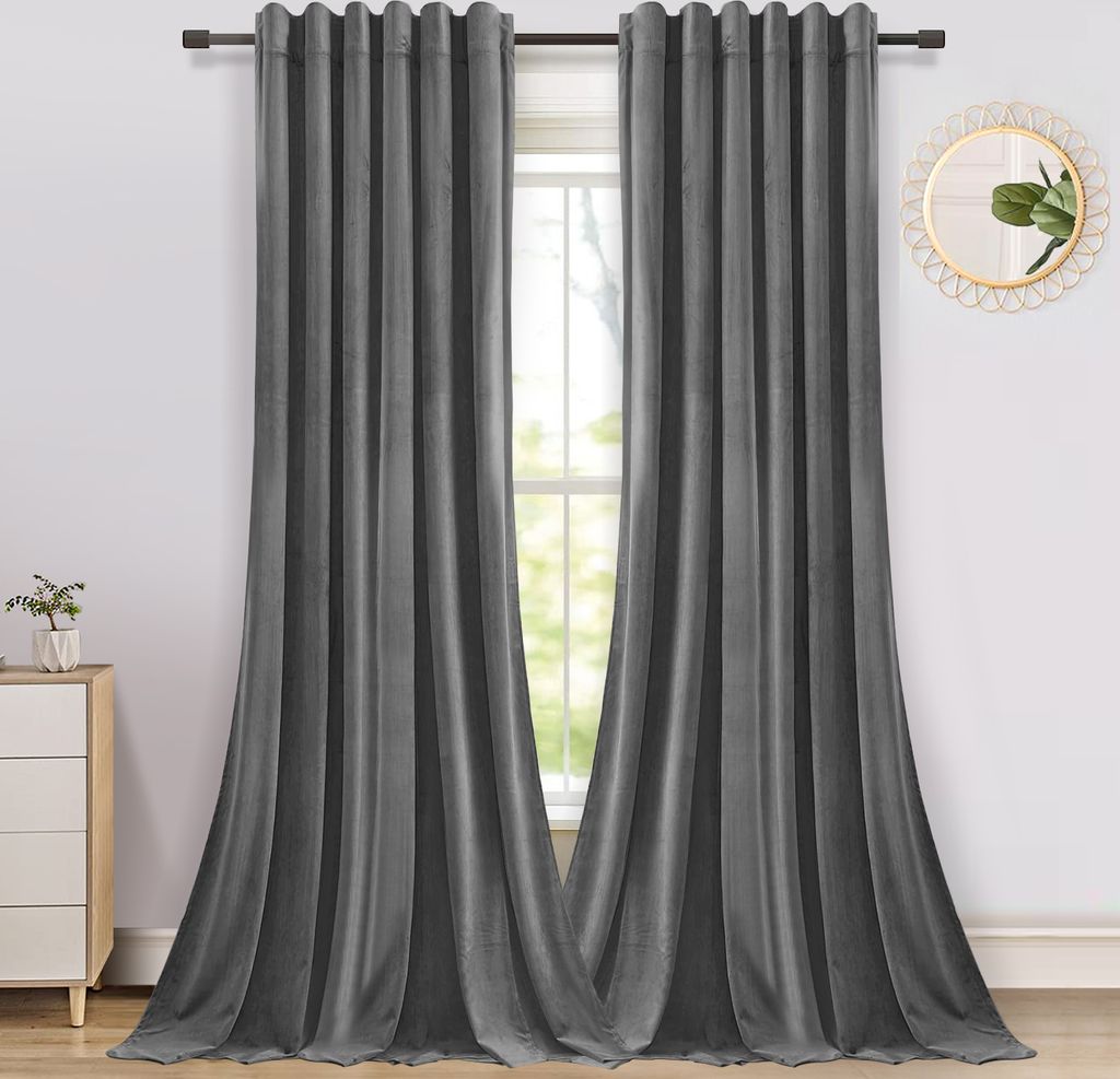 2er Set Verdunkelungsvorhang Kräuselband Samtvorhang Blickdichte Thermovorhang Hitzeschutz für Deko Schlafzimmer Wohnzimmer, 132x274cm, Grau