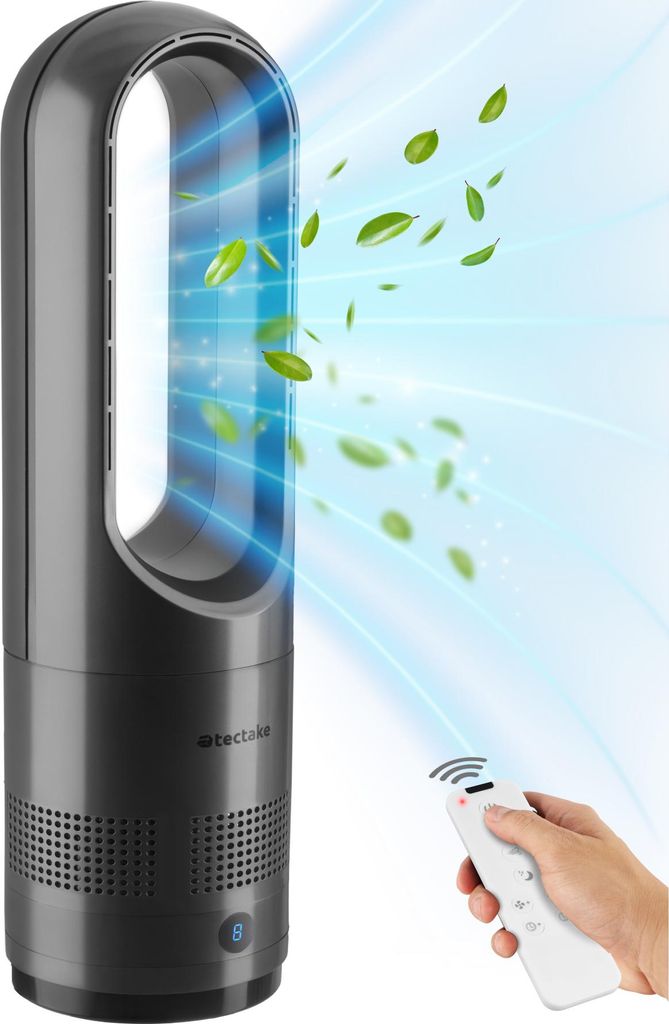 A fan is blowing air with leaves, and a hand is holding a remote control.