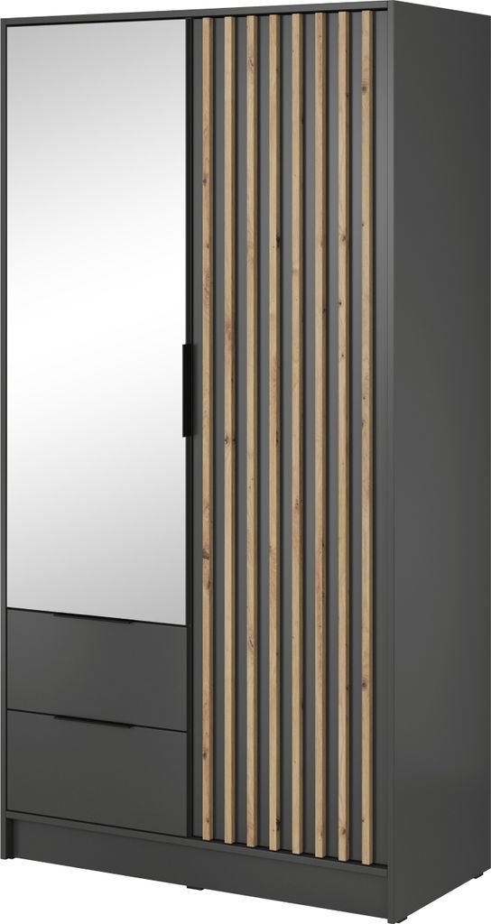 Masseno Drehtürenschrank NELIANA 105 cm Kleiderschrank Schlafzimmer Schrank 2-türig mit Spiegel Graphitfarben