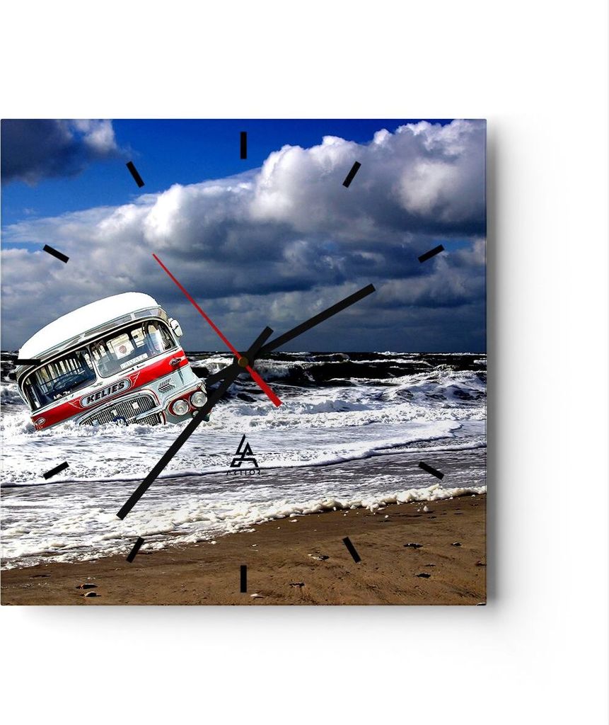 Wanduhr - Quadrat - Glasuhr - Ozean Landschaft Auto - 30x30cm - Schleichendes Uhrwerk - Lautlos - zum Aufhängen bereit - Dekoration Modern - Wandd...