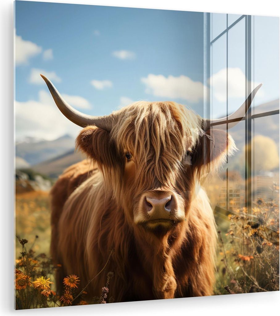MuchoWow Glasbilder - Bilder auf Wandbild - Foto auf Glas Schottisches Hochlandrind - Tierporträt - Natur - Tier 20x20 cm Wanddekoration aus Glas ...