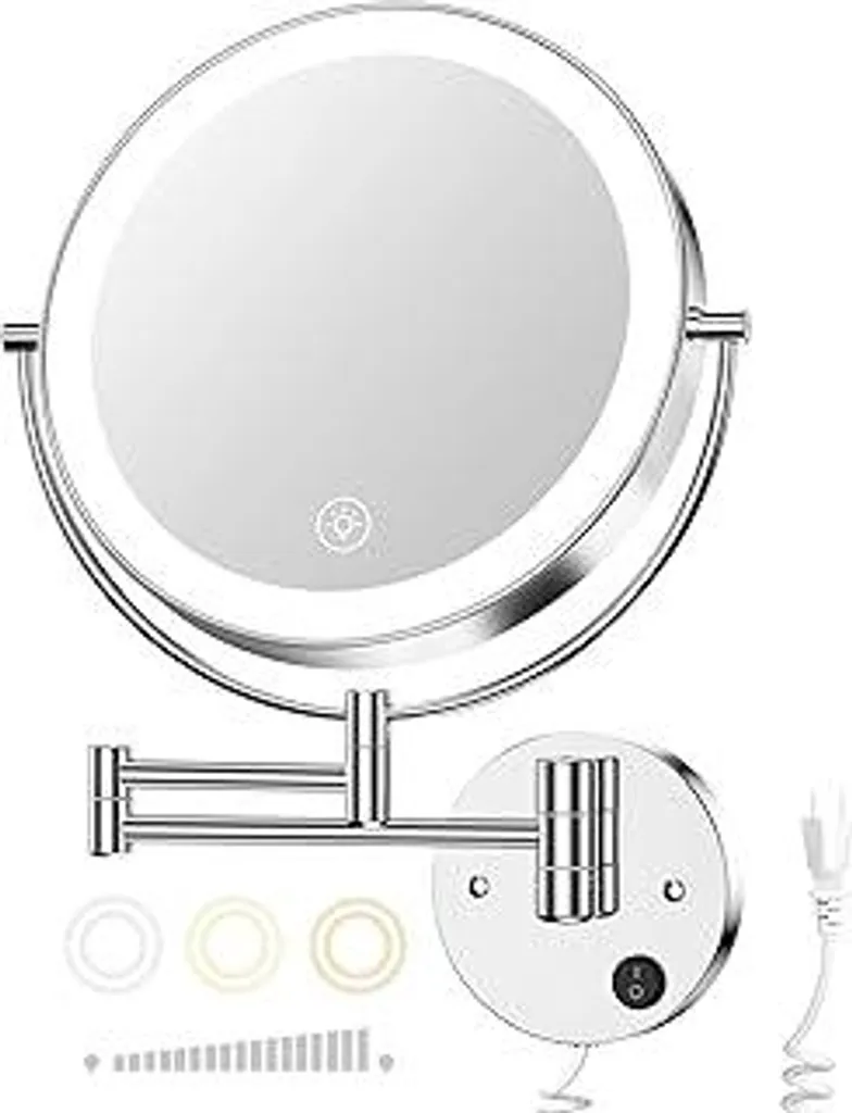 Gospire 9 Specchio cosmetico da parete con illuminazione a 3 colori e intensità regolabile, ingrandimento 1X/10X, specchio cosmetico LED double-face, specchio estensibile, specchio da barba orientabile a 360°, cromato - 1