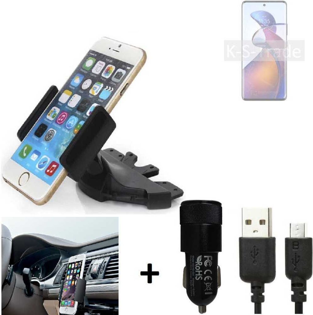 K-S-Trade CD Schlitz Handy-Halterung kompatibel mit Motorola Edge 30 Fusion Autohalterung KFZ-Halter Radio Handy Halterung 360° drehbar CD-Schacht
