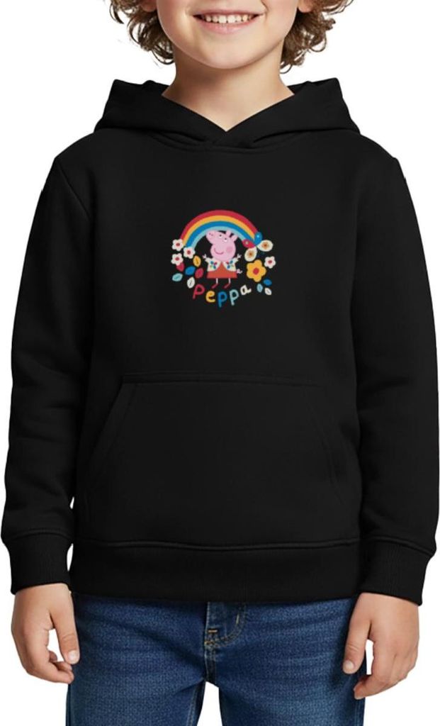 Spreadshirt Peppa Wutz Regenbogen Rainbow Kinder Premium Hoodie, 134/140 (8 Jahre), Schwarz