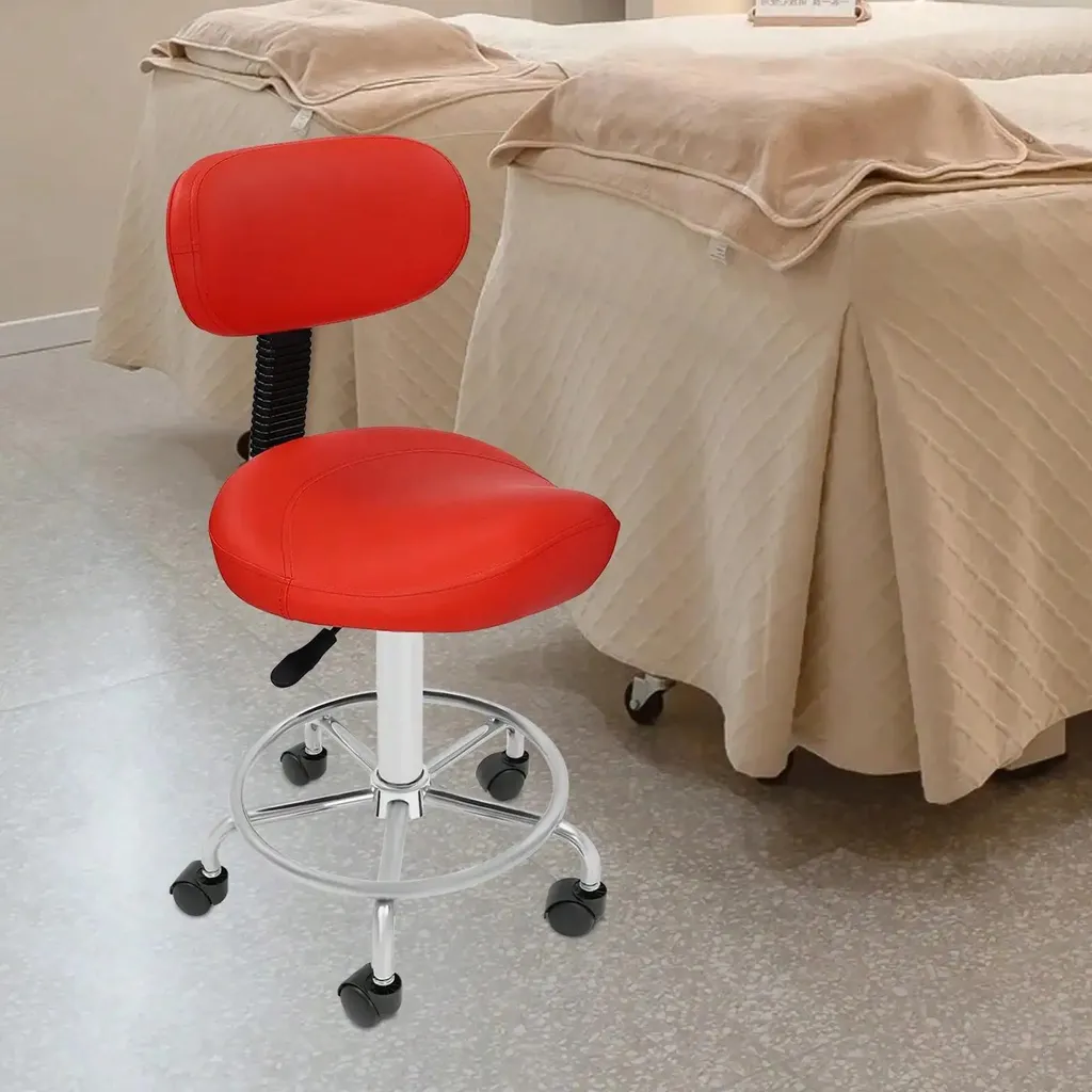 Tabouret de salon réglable avec roulettes et dossier ergonomique rouge - 3