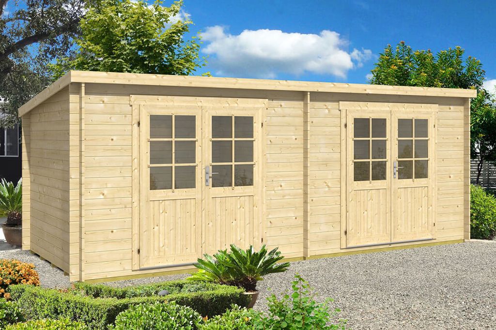 Alpholz Gartenhaus Maria Twin aus Holz in Pinie (Imprägniert) mit 28 mm Wandstärke 598 x 272 cm