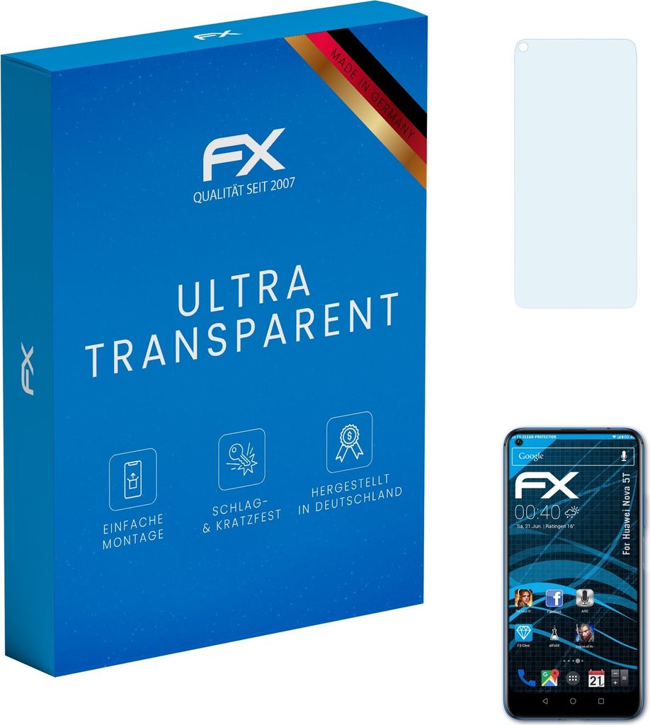 atFoliX FX-Clear 3x Schutzfolie kompatibel mit Huawei Nova 5T Displayschutzfolie